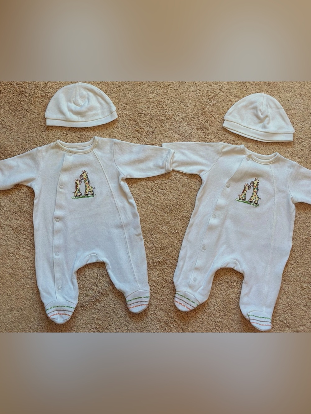 Little Me White Baby One-Piece Footies with Giraffe Embroidery and Matching Hats